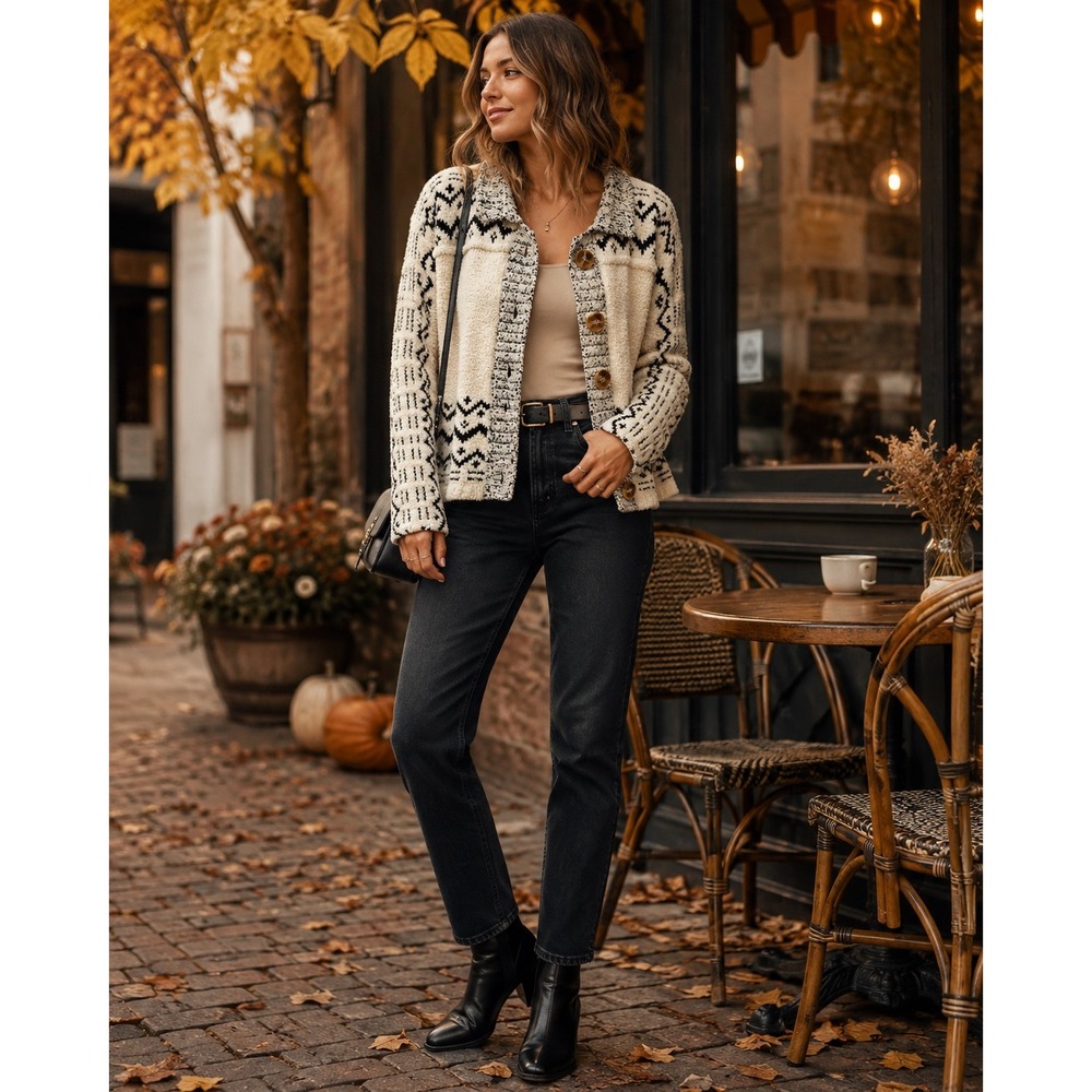 POL Women's Size Large Fair Isle Boucle Cardigan Cream Black Grandpa Nordic Cozy